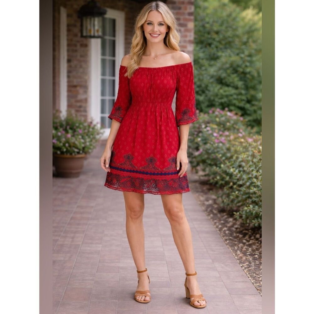 Lapogee Boho Off-Shoulder Red Mini Dress with Embroidered Details